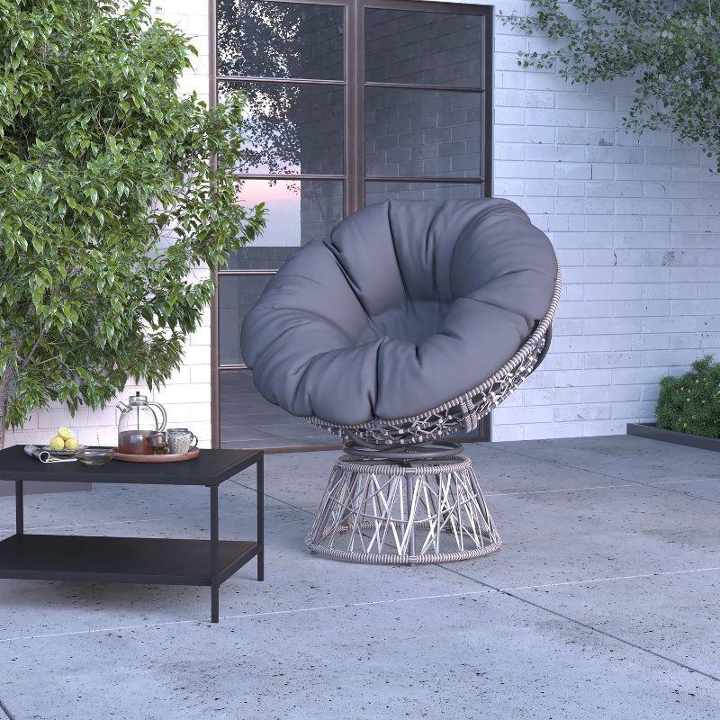 Merrick Lane Papasan Style Woven Wicker Swivel Patio Chair in Silver with Removable All-Weather Dark Gray Cushion, 2 of 8