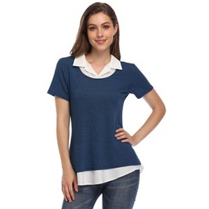 Clearlove Womens Short Sleeve Contrast Mock Neck Collared T-Shirts Flowy Ruffled Patchwork Work Blouse Casual Dressy - 1 of 3