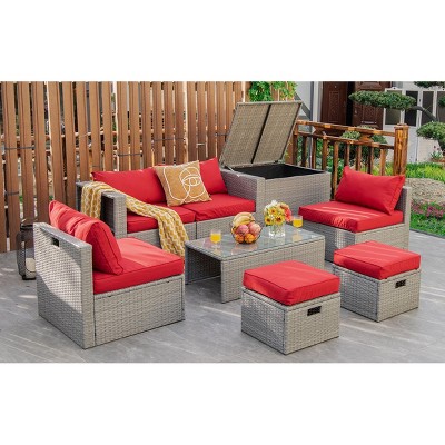 Tangkula 8 Pieces All-Weather PE Rattan Patio Furniture Set Outdoor Space-Saving Sectional Sofa Set with Storage Box Red