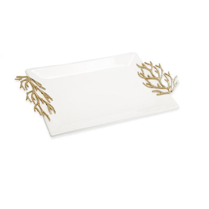 Classic Touch White Rectangular Tray with Gold Coral Design Handles, 1 of 3