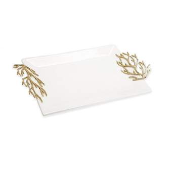 Classic Touch White Rectangular Tray with Gold Coral Design Handles