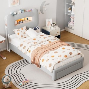 UpholsteredBed Frame with 2-Tier Storage Headboard, LED Platform Bed with Charging Station and Drawer for Kids/Girls/Boys - 1 of 4