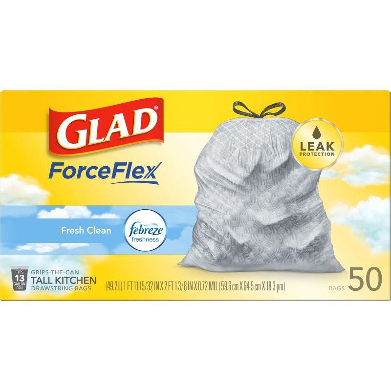 Glad ForceFlex Tall Kitchen Drawstring Trash Bags - Febreze Fresh Clean - 13 Gallon, 6 of 13