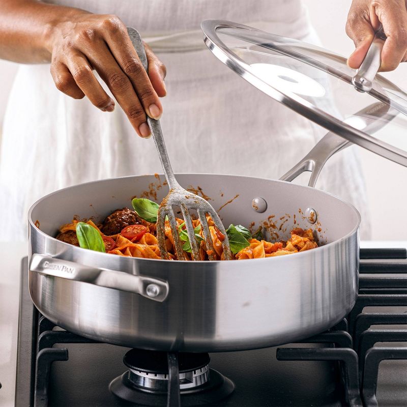 Greenpan Venice Pro Tri-Ply Stainless Steel Ceramic Non Stick 5qt Saut&#233; Pan with  Helper Handle &#38; Lid Vibrant Silver, 3 of 10