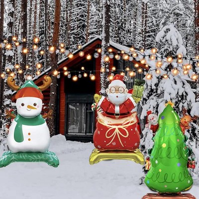 8 Packs Christmas Mylar Balloons Kit, Santa Snowman Xmas Tree Standing Foil Balloons with Base for Winter Party Birthday Decorations