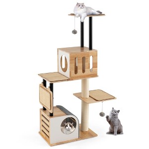 Tangkula Wood Cat Tree w/Dual Cat Condos Sturdy Metal Tubes Frame Sisal Scratching Posts - 1 of 4