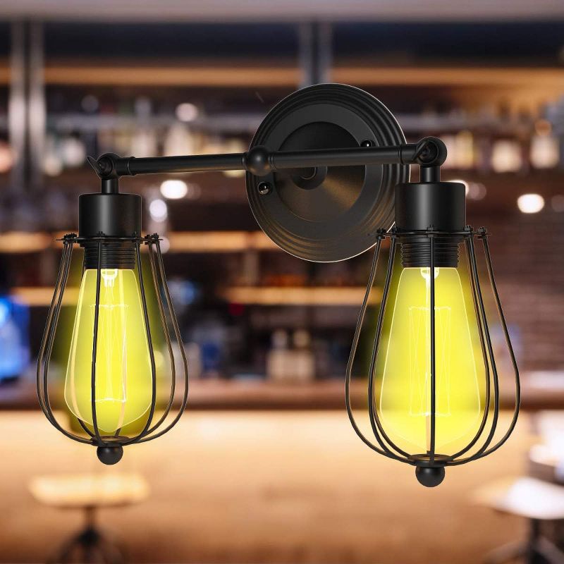 Costway Wall Sconce Wall Light Fixture Black Metal Industrial Vintage Rustic Retro Style Indoor Outdoor Wall Lamp Bar Loft Wire Cage with Bulb, 3 of 10