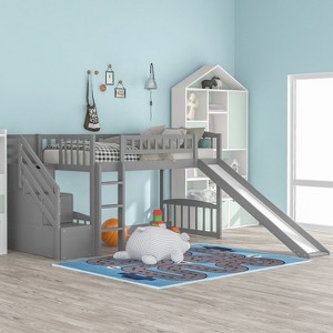 Streamdale Stairway Twin Size Loft Bed with Two Drawers and Slide, Gray - 1 of 4