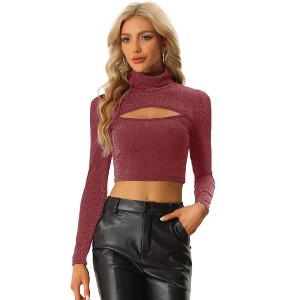 Allegra K Women's Party Mock Neck Cutout Front Long Sleeve Slim Fit Crop Blouses - 1 of 4