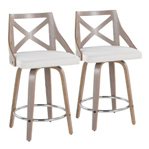 24" Farmhouse Fixed-Height Counter Stool with Swivel in Light Wood and Fabric with Round Chrome Footrest, Set of 2 - 1 of 4
