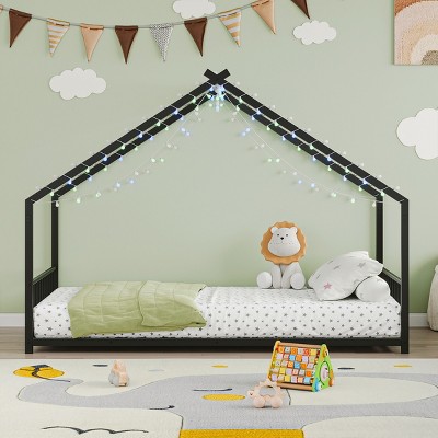 FURNIinspire Beds Twin Size Kid Bed Frame, Floor Bed House Shape Iron Platform Bed with Fence for Bedroom Kid Room, Black, 78.5"*40.94"*58.4"