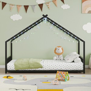 FURNIinspire Beds Twin Size Kid Bed Frame, Floor Bed House Shape Iron Platform Bed with Fence for Bedroom Kid Room, Black, 78.5"*40.94"*58.4" - 1 of 4