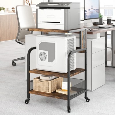 Under Desk Printer Stand with Wheels, 3-Tier Printer Table with Storage Shelves, Printer Cart with Power Outlets for Home Office