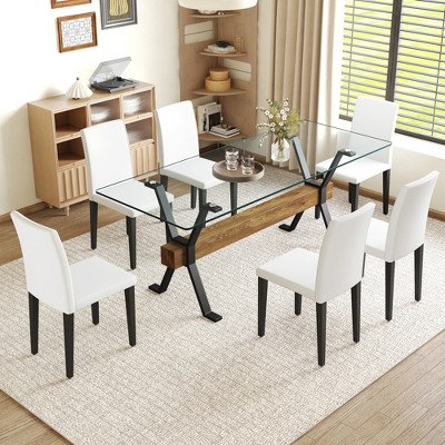 7-Piece Dining Set with Glass Table and 6 Armless Chairs