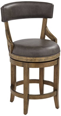 55 Downing Street Wood Swivel Bar Stool Smoke 24" High Rustic Vintage Gray Faux Leather Cushion Backrest Footrest for Kitchen Counter Island Home Shed