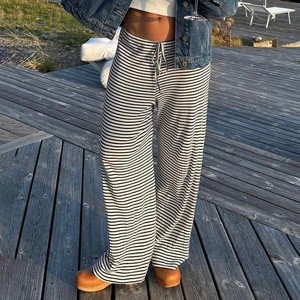 Women's Slim Straight Stripe Casual Waistband Tied Home Pants with Adjustable Tie Belt Longe Pants - 1 of 4