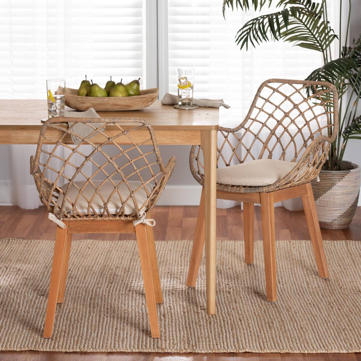 bali & pari Ballerina Rattan and Wood Dining Chair Gray Wash/Natural Brown/White: Upholstered Polyester, Spot Clean - thumbnail 3