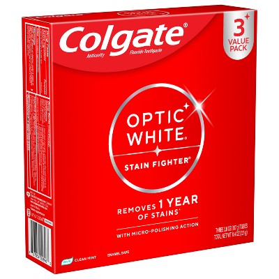 Colgate Optic White Stain Fighter Teeth Whitening Toothpaste - Anticavity Toothpaste with Fluoride - Clean Mint - 3.8oz/3pk