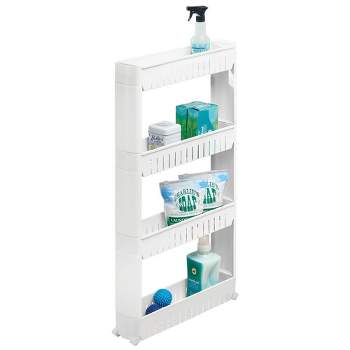mDesign Portable Rolling Laundry Utility Cart Organizer with 4 Shelves, 4.6 x 21.3 x 39.4 - White