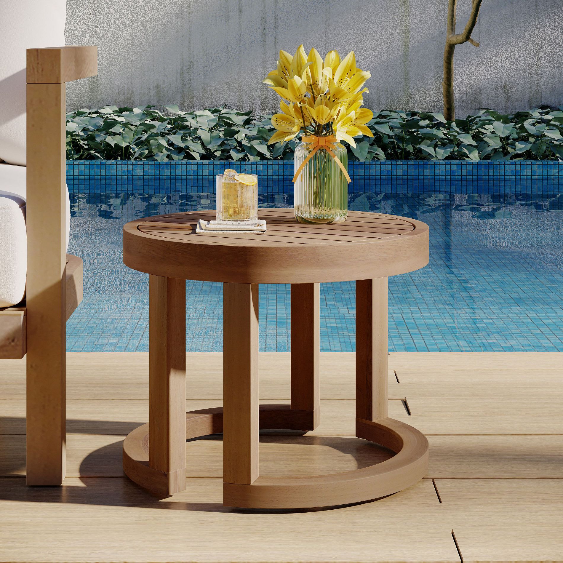 CAVINAS 18" Acacia Wood Patio End Table,Rustic Round Small Patio Table,Outdoor Side Table with Slate Top for Porch,Poolside,Garden,Brown