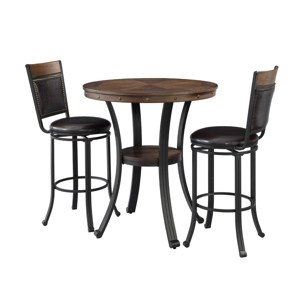 Photos - Dining Table 3pc Angelo Nailhead Trim Chairs Metal Pub Dining Set Oak - Powell