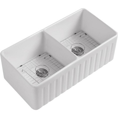 Premium White Fireclay Double Bowl Farmhouse Kitchen Sink