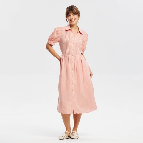 Женское платье Universal Thread Puff Short Sleeve Eyelet Midi Shirtdress, цвет: Розовый