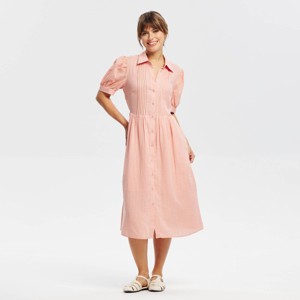 Women's Puff Short Sleeve Eyelet Midi Shirtdress - Universal