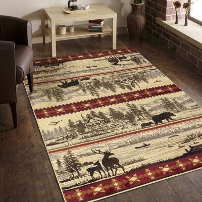 Kumasinova Lake & Mountain Outdoor-Inspired Area Rug–Wildlife Motifs for Living Room, Kid & Pet-Friendly, Made in Turkey, Stain-Resistant Door Mat