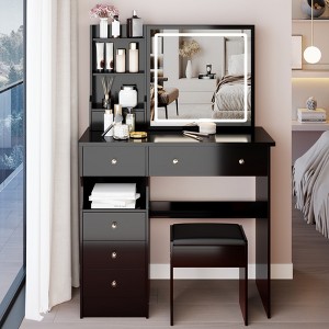 Makeup Vanity Desk with Mirror and Light, Makeup Vanity Table with Stool, Dressing Table with Drawers Open Storage for Bedroom Small Space - 1 of 4