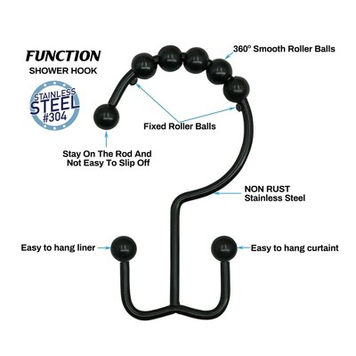 LunaLulinlk Matte Black Shower Rod with 12 Hooks,43''-72'',Never Rust,Never Slip,Spring Tension Metal Rod
