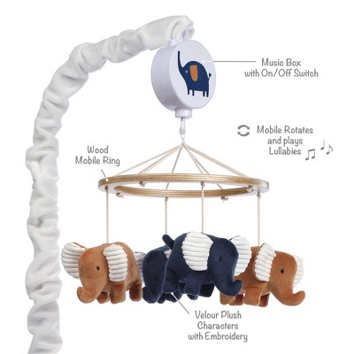 Blue and Caramel Velour Elephant Musical Baby Crib Mobile