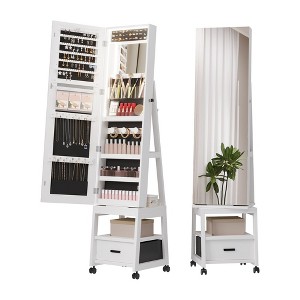 WhizMax 360° Swivel Jewelry Cabinet with LED Lights, Rotatable Full Length Mirror, Lockable Standing Jewelry Storage with Drawer and Wheels - 1 of 4