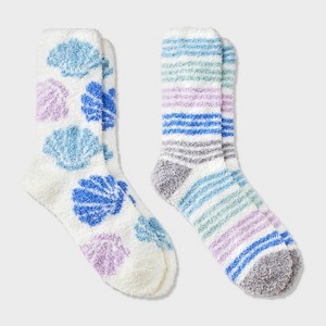 Women's Seashells 2pk Cozy Crew Socks - Blue/Purple/Ivory 4-10 - 1 of 3