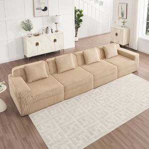 Modular 4-Seat Boneless Straight Sectional Sofas, Deep Seat Cloud Sectional Couch with Throw Pillows, Plush Corduroy Fabric - 1 of 4