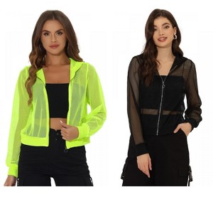 INSPIRE CHIC Women's Zip Up Long Sleeve Mesh Sheer Hoodie Bomber Jackets 2 Packs - 1 of 4