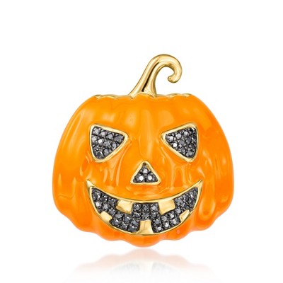 Ross-Simons 0.15 ct. t.w. Black Diamond and Orange Enamel Jack-O'-Lantern Pin/Pendant in 18kt Gold Over Sterling