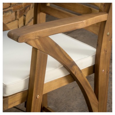 Teak Finish Acacia Wood Outdoor Barstools with Cream Cushions - Set of 4