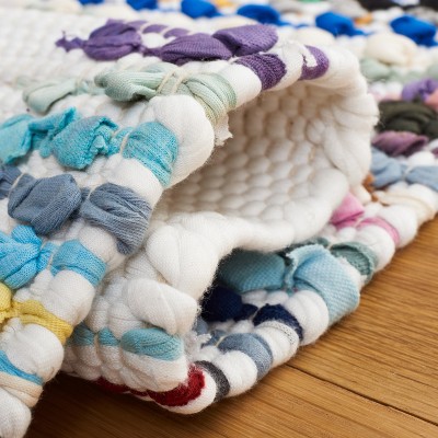 Ivory and Blue Handwoven Cotton Rectangular Area Rug