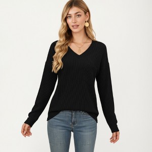 Anna-Kaci Women's V-Neck Long Sleeve Knit Top with Chest Pocket and Relaxed Fit - 1 of 4