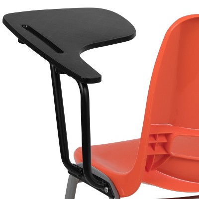 Compact Orange Ergonomic Shell Chair with Flip-Up Tablet Arm
