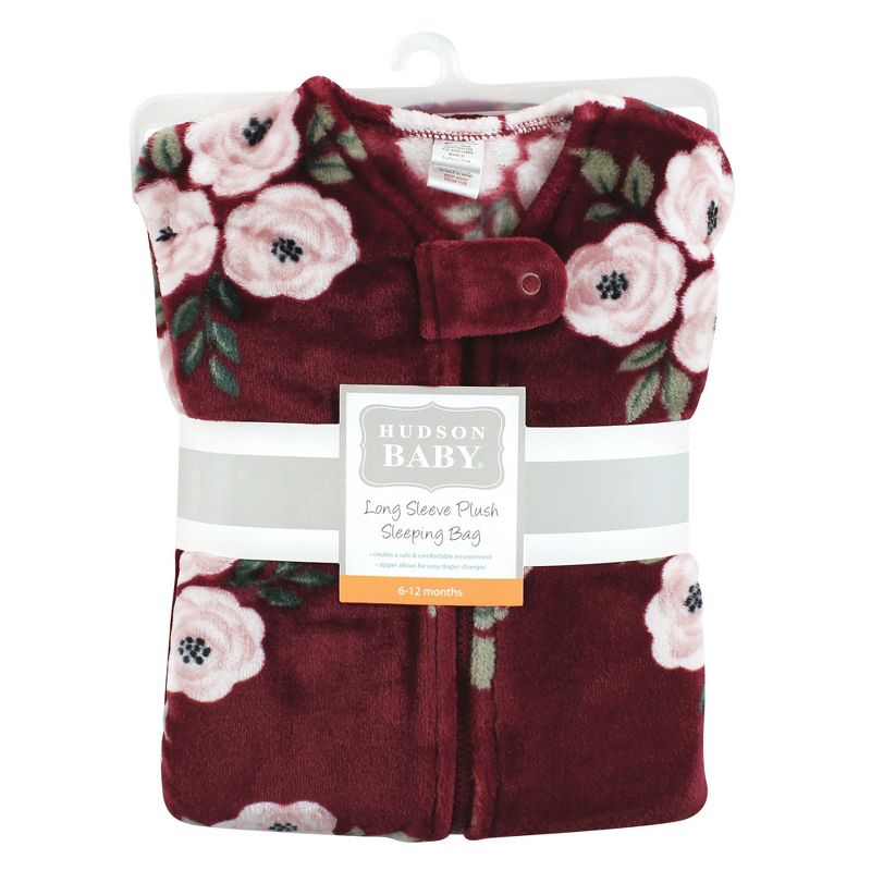 Hudson Baby Infant Girl Plush Sleeping Bag, Sack, Blanket, Burgundy Floral, 3 of 4