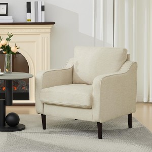 Mid-Century Accent Chair, Comfy Living Room Chairs, Linen Fabric Upholstered Armchair,Reading Side Chair, Single Sofa with Back Pillow and Wood Legs - 1 of 4