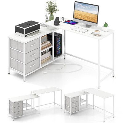 Tangkula L-Shaped Computer Desk with Drawers & Shelves 81” Convertible Home Office Desk with Charging Station Rustic Brown/Black/White
