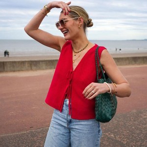 Coolmee Women's Sleeveless Striped Sweater Vests V Neck Front Tie Bow Crochet Knit Tank Tops Casual Loose Cardigan Cropped Vests S Red - 1 of 4