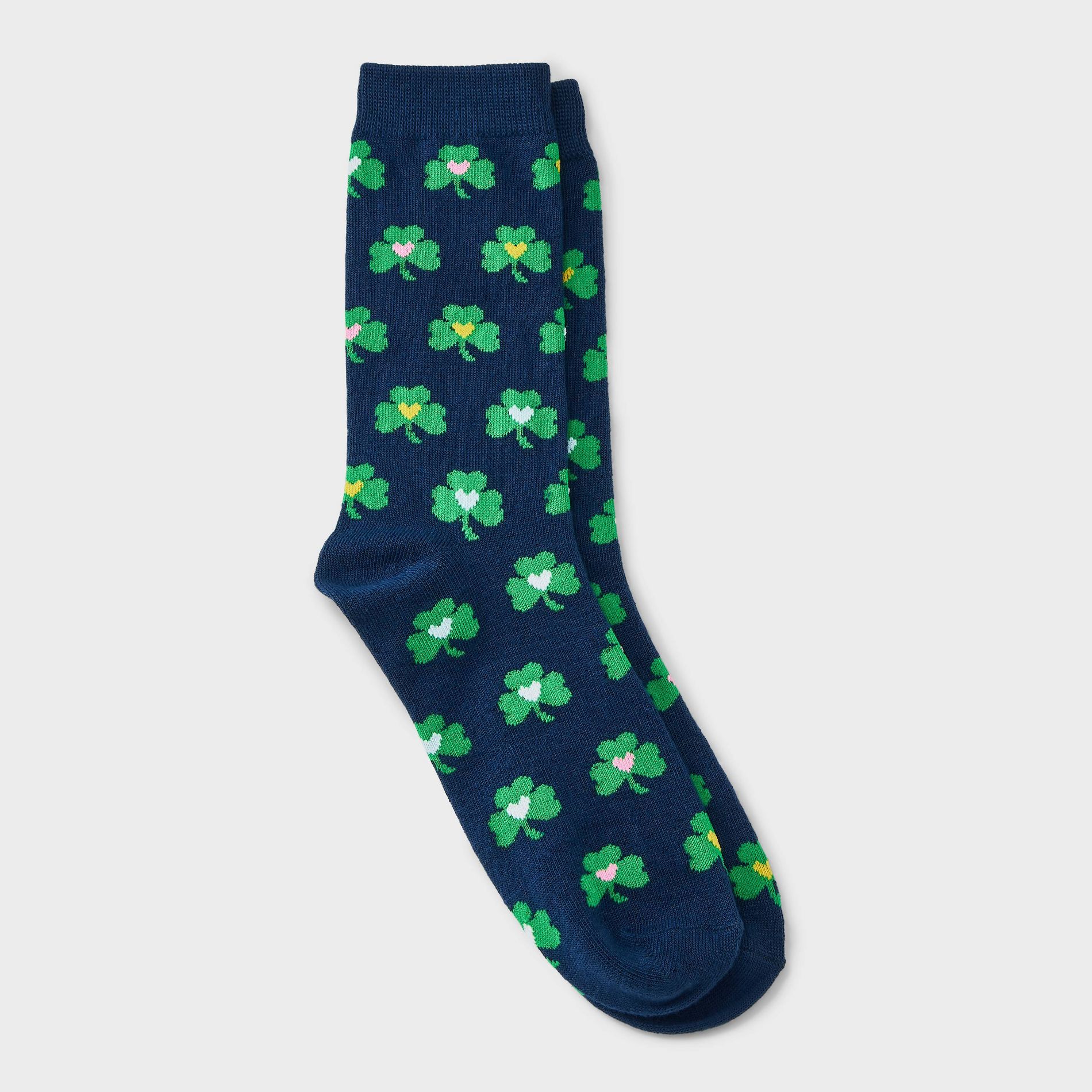 Women's Sweet Shamrock Hearts St. Patrick's Day Crew Socks - Navy/Green 4-10