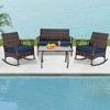 Tangkula Set of 4 Wicker Rocking Set 2 Patio Rattan Rocker Chairs w/Loveseat & Coffee Table Heavy-Duty Metal Frame & Bungee Rope Seat Navy - 2 of 4
