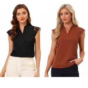 INSPIRE CHIC Women's Work Office V Neck Stand Collar Lace Cap Sleeve Basic Blouse 2 Pieces - 1 of 4