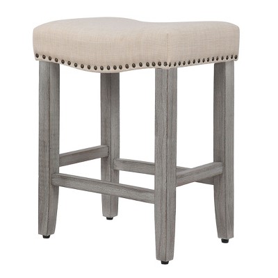 24" Beige Linen Upholstered Wood Saddle Counter Stool