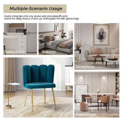 Barbara Contemporary Velvet Vanity Stool for Makeup Room, Moden Accent Side Chairs for Living Room with Shell Back and Golden Metal Legs | ARTFUL LIVING DESIGN